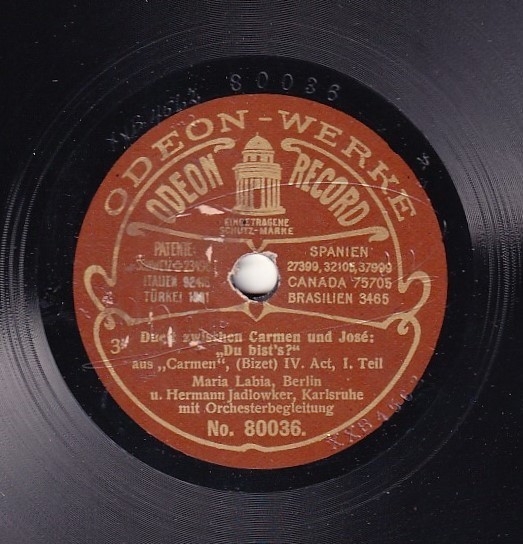 Labia; jadlowker. Bizet (Carmen - final duet). Odeon 80036/7. NM(-)