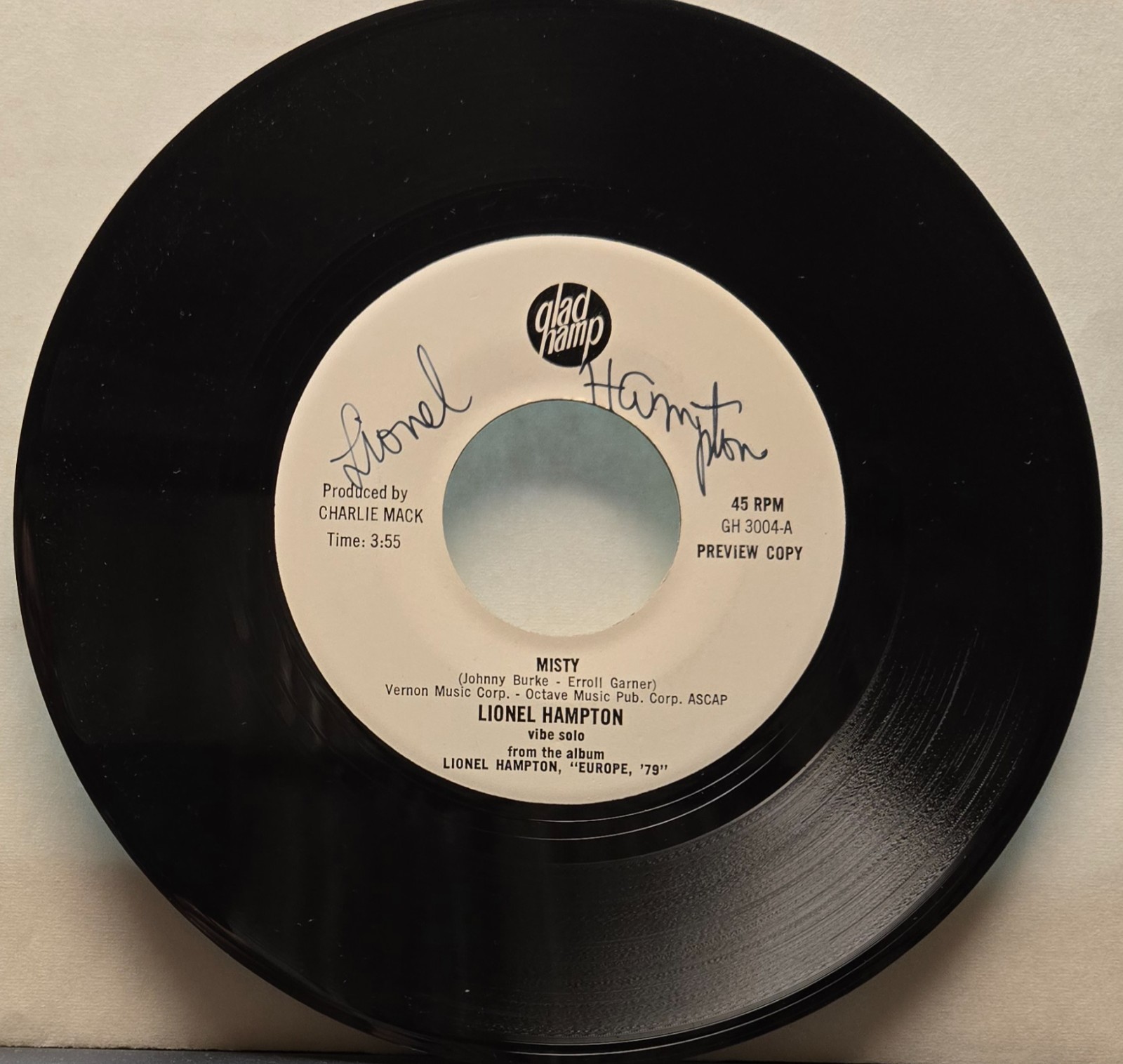 AUTOGRAPHED/SIGNED Lionel Hampton 7” 45 Misty/Tap Step Glad-Hamp