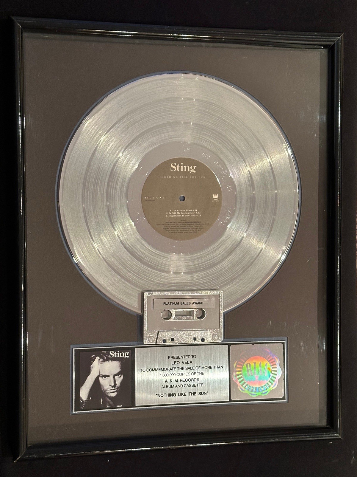 Sting - RIAA Platinum Sales Award Nothing Like The Sun - Presented to LEO VELA 