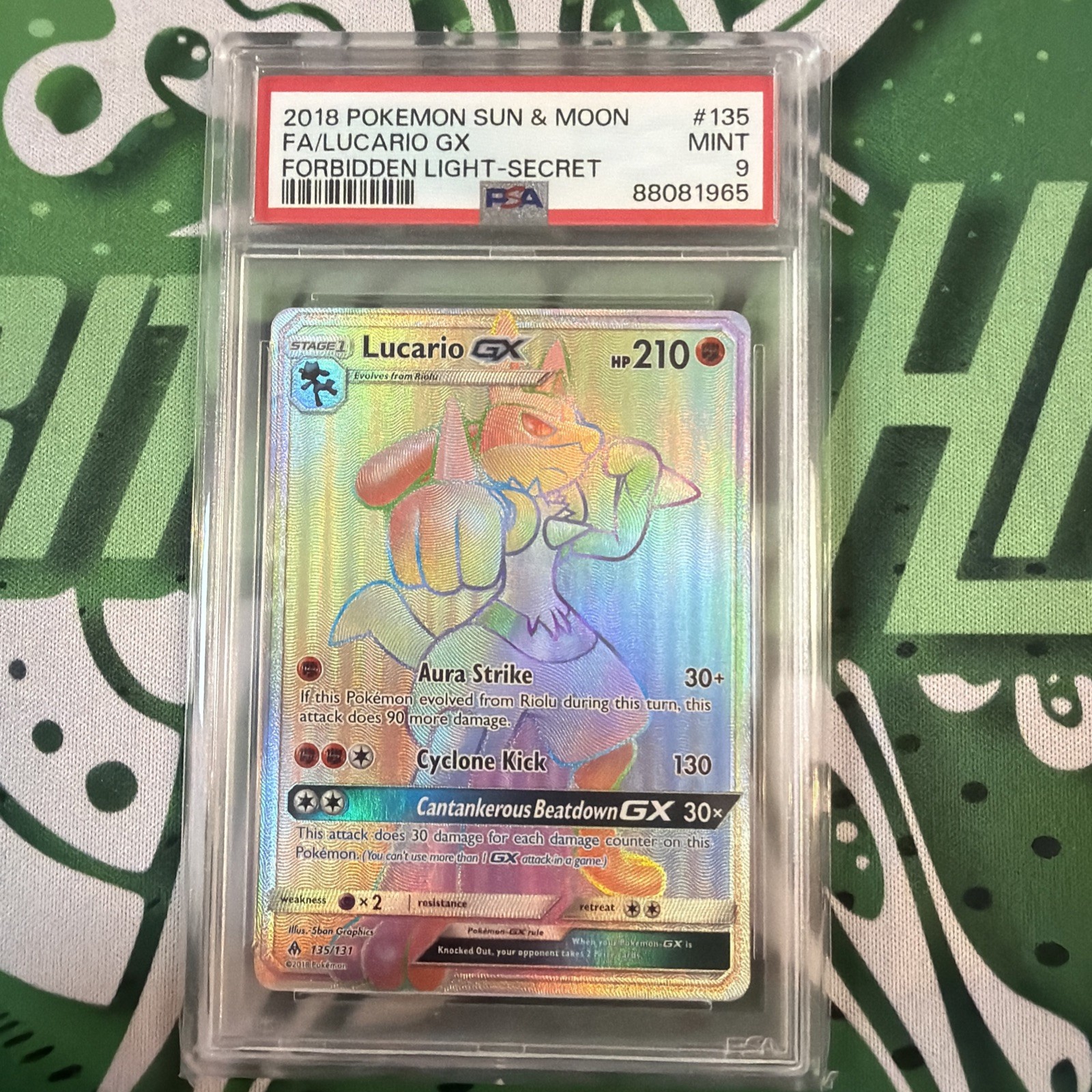 2018 POKEMON SOLE E LUNA LUCE PROIBITA SEGRETO #135 FULL ART/LUCARIO GX PSA 9