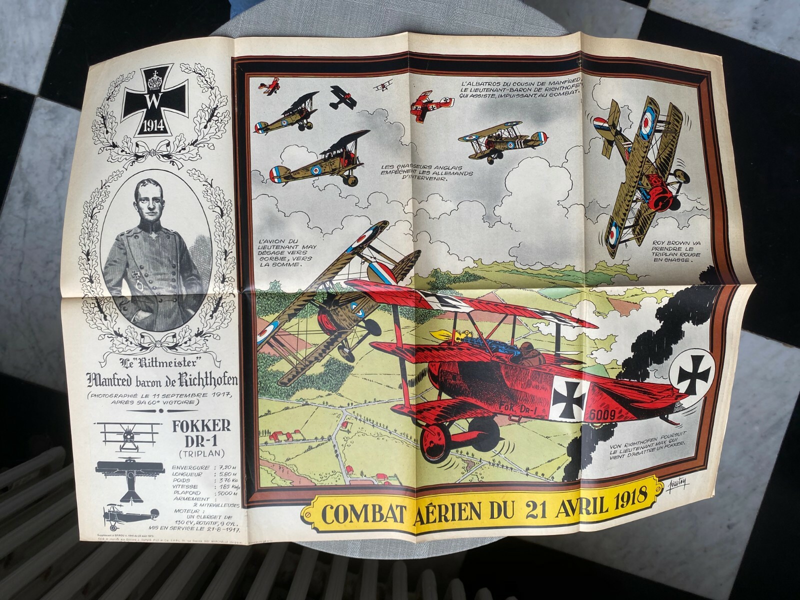 Integratore Del Giornale Spirou N° 1845 Poster Aviazione Fokker 1973 Molto Buono
