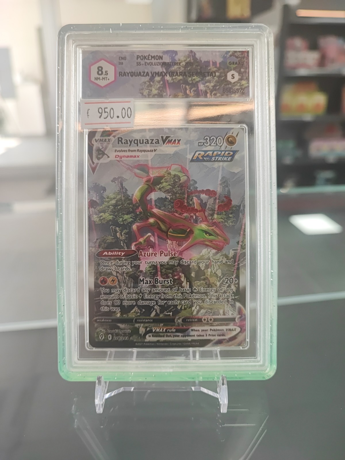 Pokemon GRAAD 8.5 Rayquaza Vmax #218 Full Art Evoluzioni Eteree 2021 ENG 