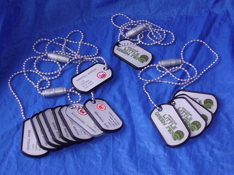 Awesome Little Green Men 13 Dog Tags One Metal General Destruction Corp. Raider 