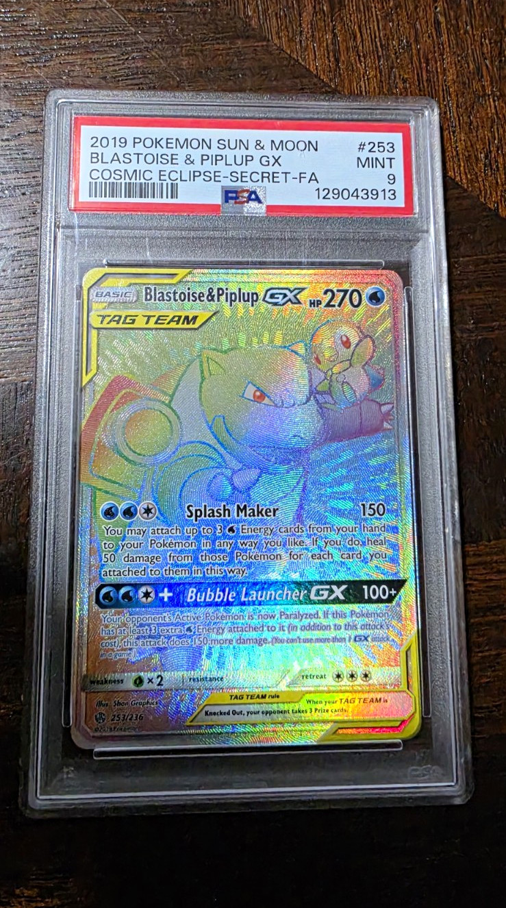 2019 Pokemon Cosmic Eclipse Blastoise & Piplup GX #253 PSA 9