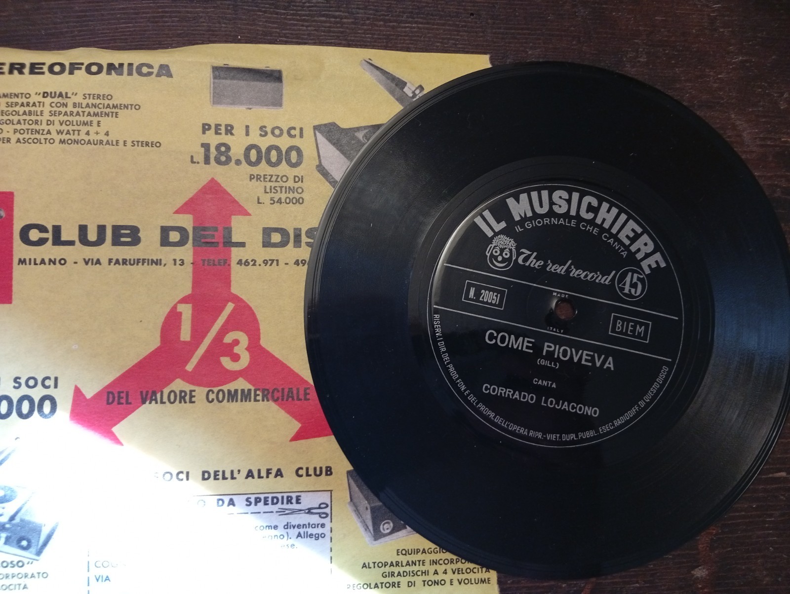 Corrado Lojacono - COME PIOVEVA - 1960 - IL MUSICHIERE -  Flexi-disc 7" 45 RPM