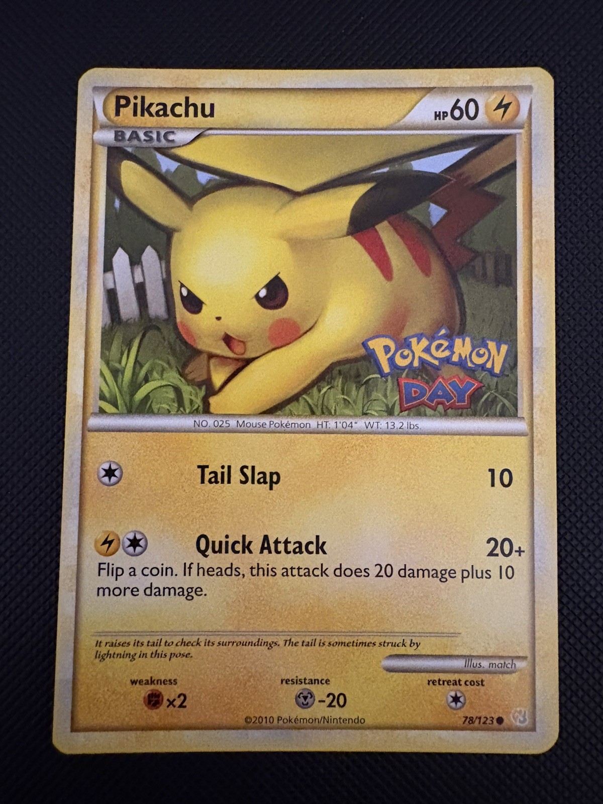 Carta Pokemon Pikachu HeartGold & SoulSilver TIMBRATA POKEMON DAY 78/123 LP/NM