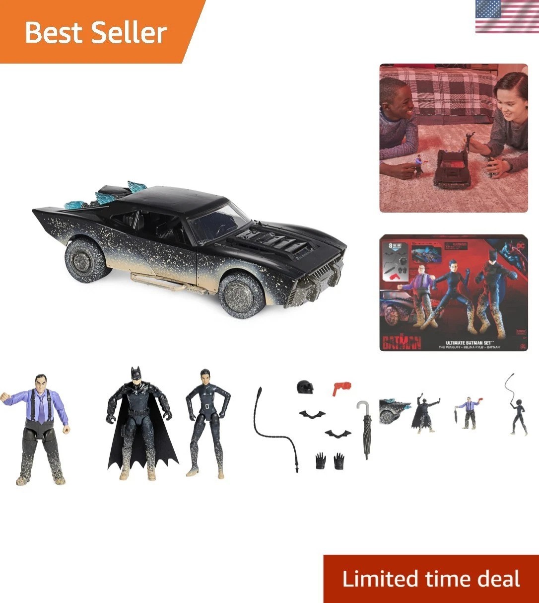 Set film Batman coinvolgente con 3 personaggi, Batmobile e 8 accessori epici
