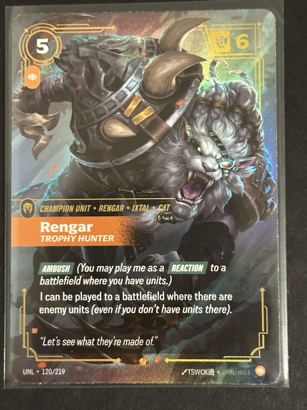 League of Legends Riftbound Unleashed Rengar Trophy Hunter 120/219 Epic quasi nuovo