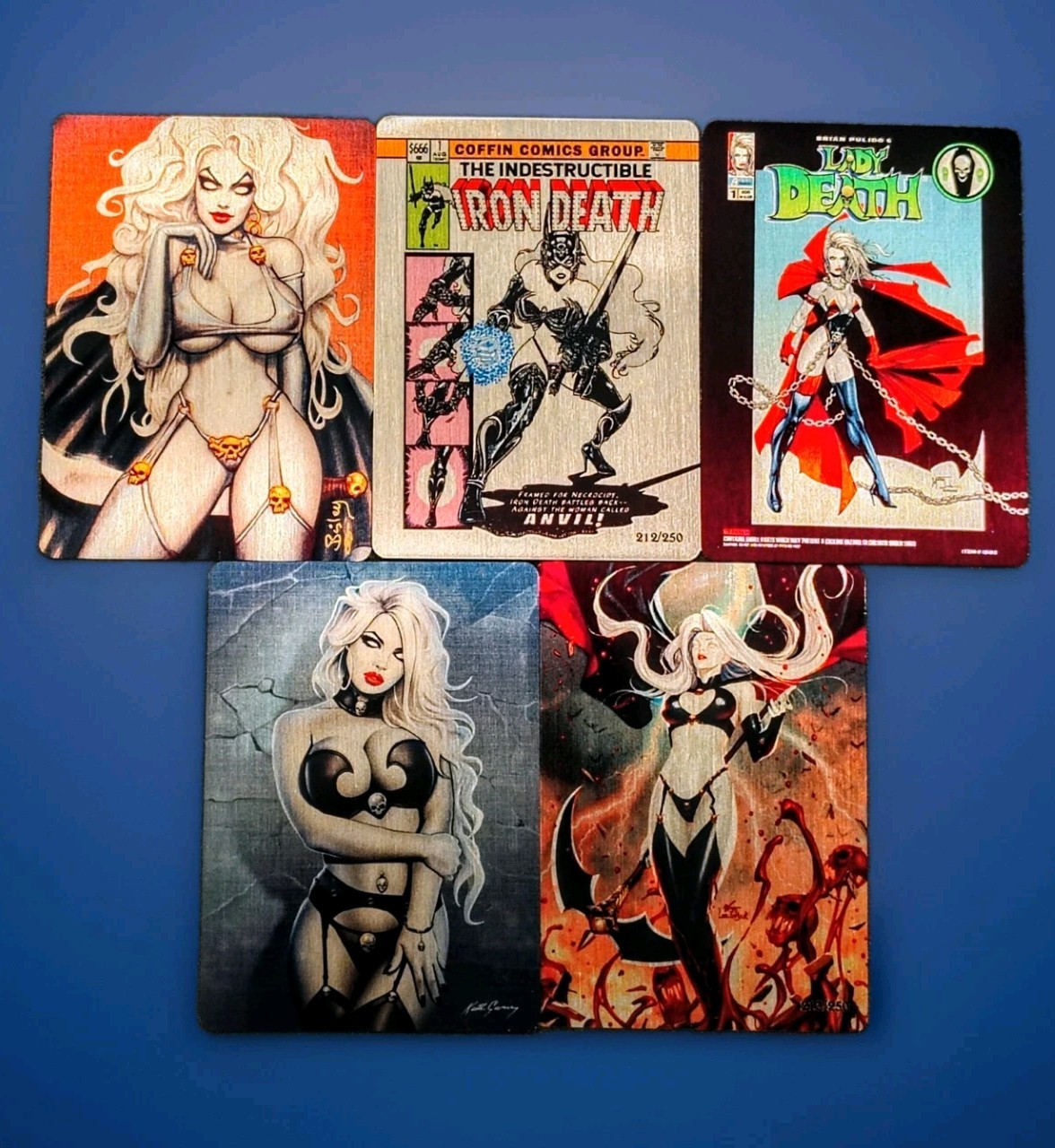 Lady Death Metallicard Metal Trading Card Set di 5 diversi fumetti bara