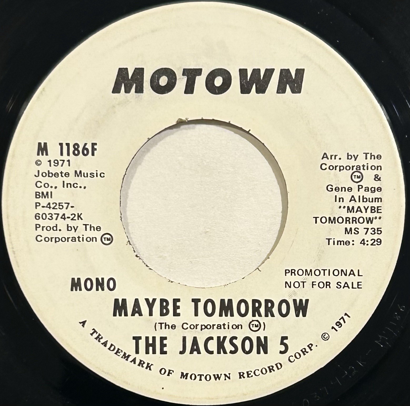 The Jackson 5 – Maybe Tomorrow – Motown - M 1186F – 1971 45 RPM 7" Promo Single