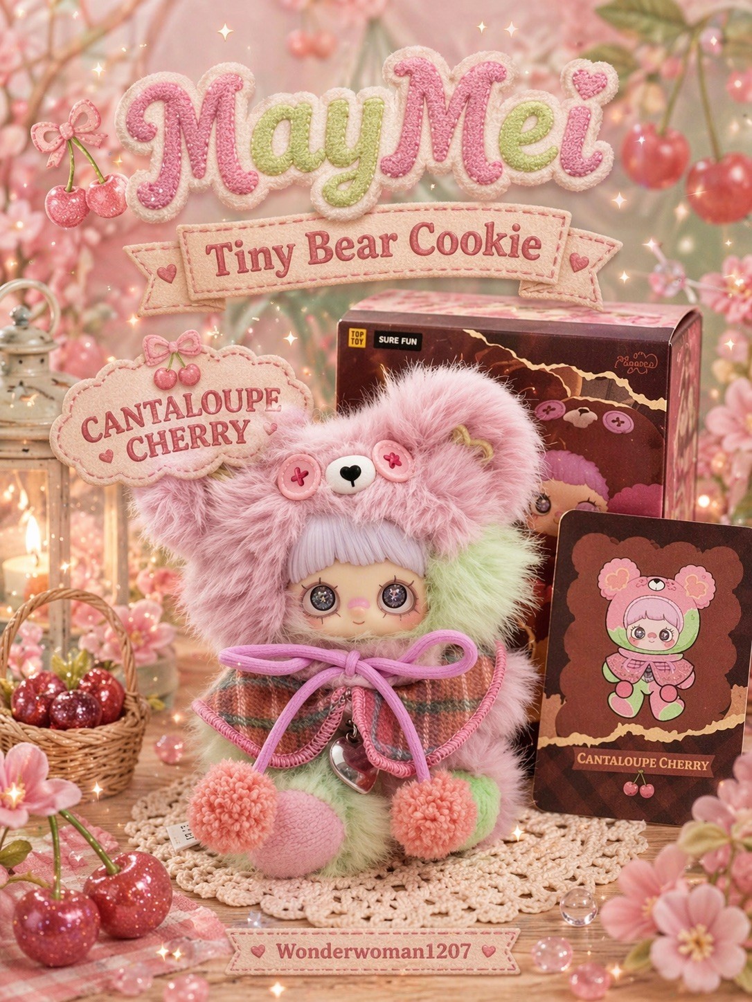 🍒🌸MAYMEI TINY BEAR COOKIE CANTALOUPE CHERRY PLUSH DOLL PENDANT NEW BOXED🍒🌸