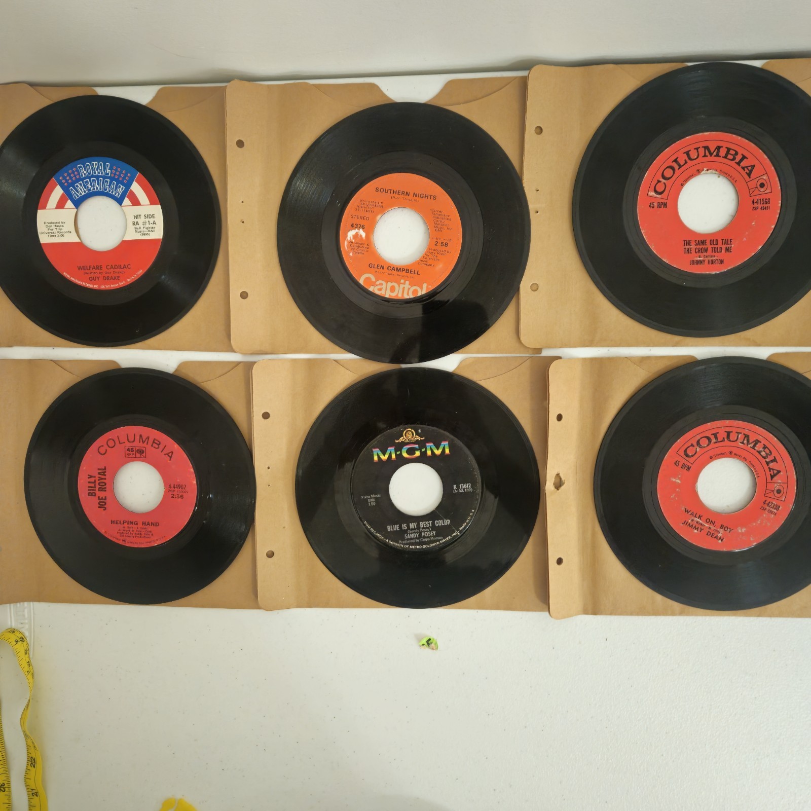 6 Vintage Country 45 RPM Lot Johnny Horton Glen Campbell Jimmy Dean Sandy Posey