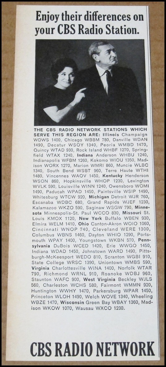 Pubblicità ritaglio stampa rete radio CBS del 1967 2,75"x7,5" cara Abby Ralph Story