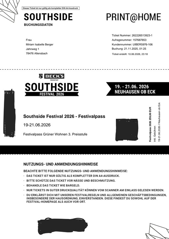 Southside e-Tickets  grüner Wohnen!