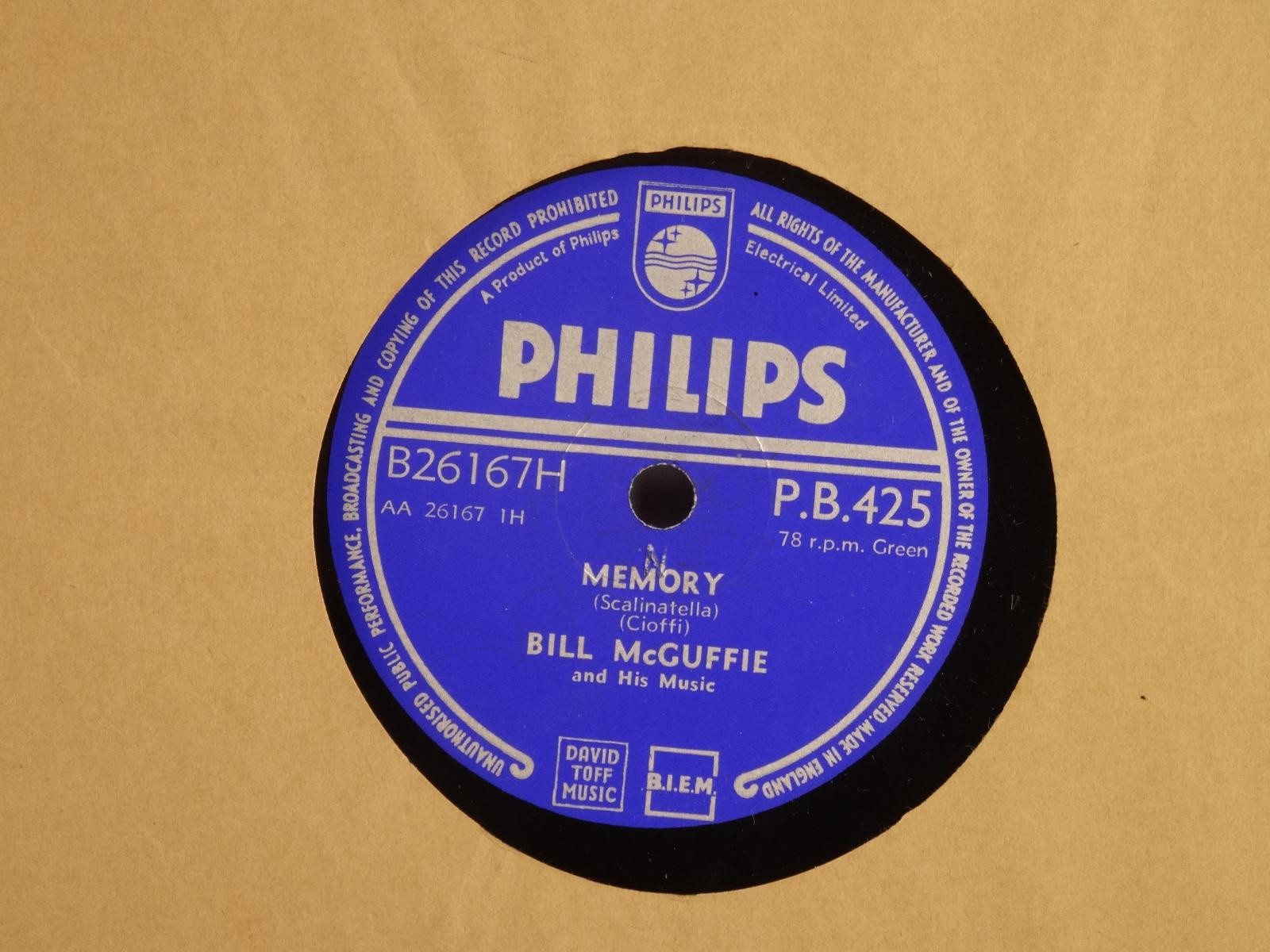 BILL MCGUFFIE MEMORY (409) 78 RPM PHILIPS