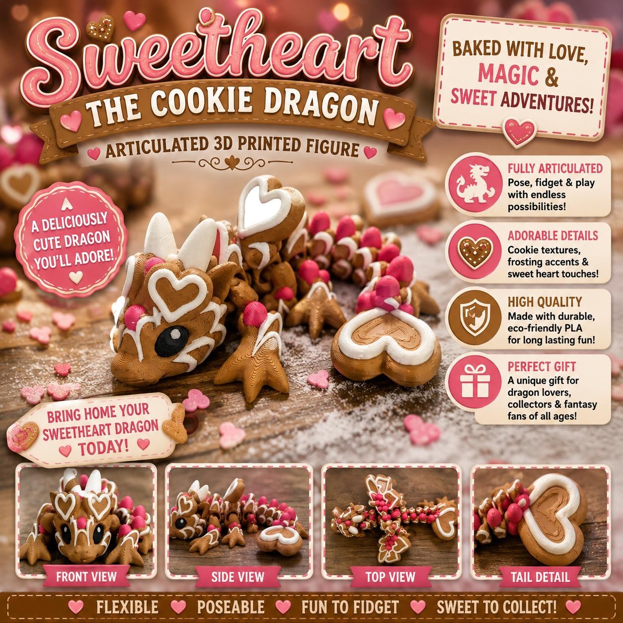 Drago Cookie Stampato 3D Articolato Flexi Pan di Zenzero San Valentino Fantasy Dragon
