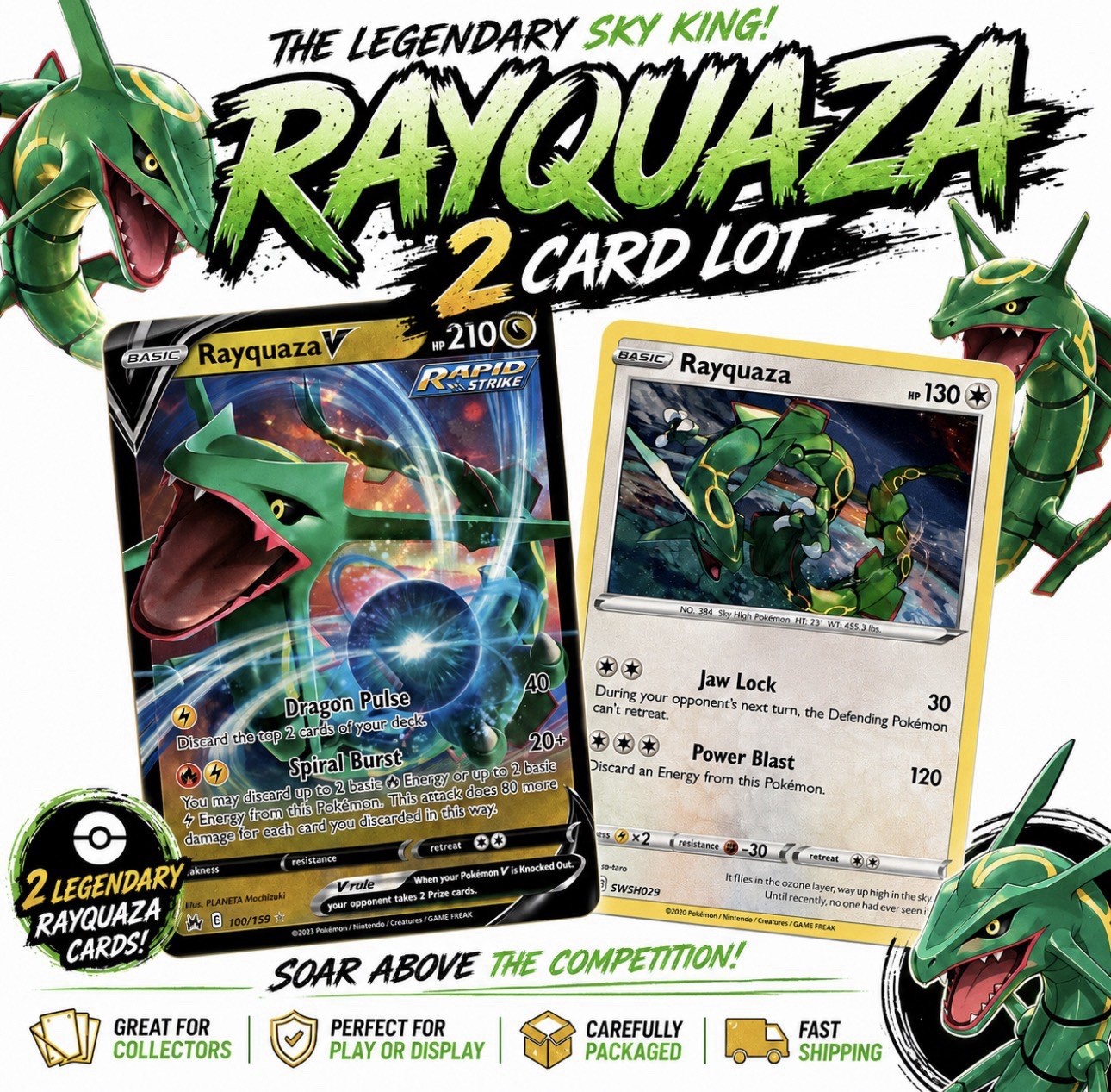 Lotto 2 carte Rayquaza! Rayquaza V 100/159 + Rayquaza SWSH029 Promo Holo quasi nuovo
