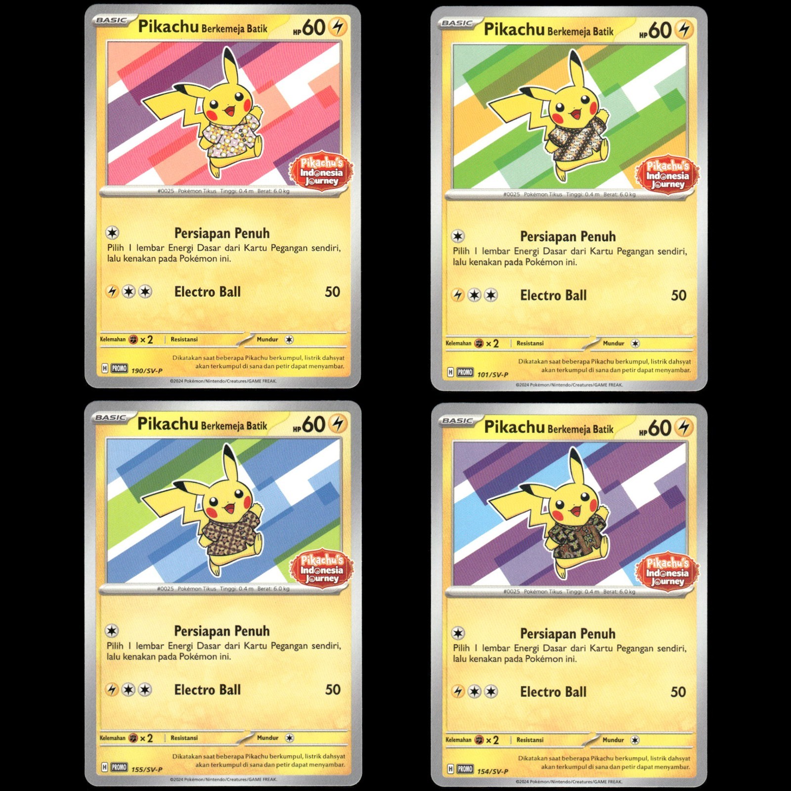 Pikachu Berkemeja Batik!! Pikachus Indonesia Viaggio Timbrato 4 Carte Set Completo